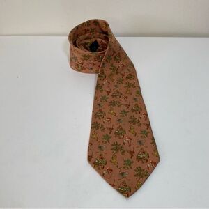 FERRAGAMO Vintage Silk Novelty Jungle Safari Monkey Ostrich Print Neck Tie Tan